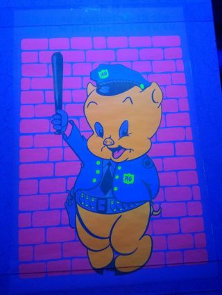 Vintage Blacklight Poster Porky Pig Cop 1972 Rare Police Funny Nos