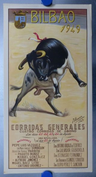 Toros Vintage Spanish Bullfighting Poster August 1949 Bilbao,  Spain