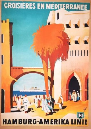 Vintage Travel Poster Hamburg - America Cruise Line Hapag Mediterranean