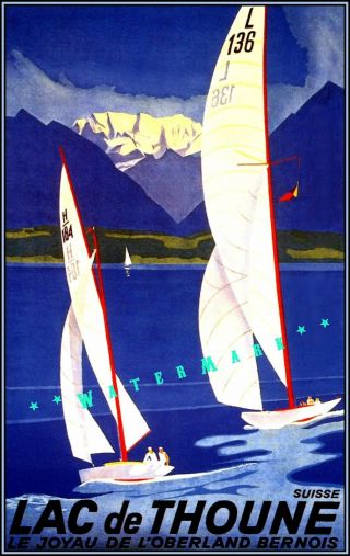 Lac De Thoune 1936 Switzerland Vintage Poster Print Tourism Sailing Decor Art