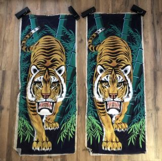Tiger Hand Painted Velvet Silk Screen Banner 1970’s Set Paint Painting Jungle