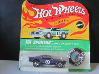 1969 Hot Wheels Redline Mustang Boss Hoss Spoilers Purple Black Roof On Card