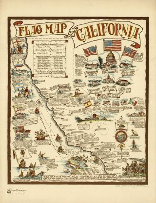 Historic Pictorial Flag Map Of California Vintage History Wall Art Poster Decor