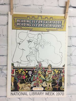 Vtg Peter Max Poster 1970 Mcm Mod 11x16” Reading Is For Everybody Library Week