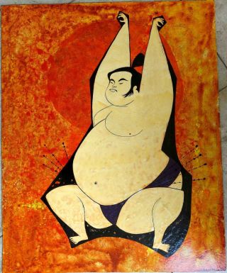 Rolly Crump Painting Of Sumo Wrestler Circa 1960 Signed Oil On Panel