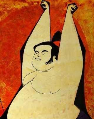 Rolly Crump Painting of Sumo Wrestler Circa 1960 Signed Oil on Panel 2