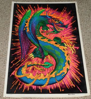 Fire Dragon Chinese Velva - Print Flocked Fantasy Blacklight Poster 1972 Vintage