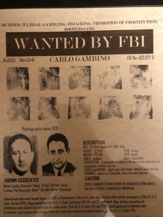 Carlo Gambino Mafia Mobster Picture & quote Poster print; Wanted FBI 4