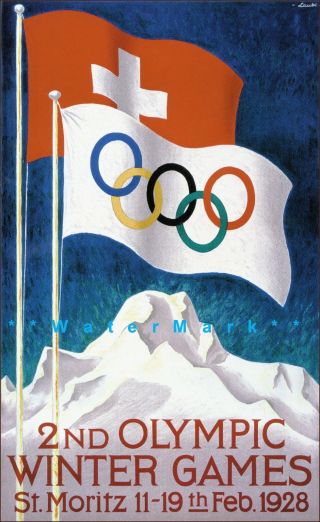 St Moritz Switzerland Olympic Winter Games 1928 Vintage Poster Print Retro Style