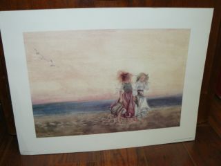Litho Girls On Beach By Lisi 1984 Printed In Sweden Flickor Pa Strand,  Pictura