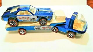 1968 Hot Wheels Redlines Custom Amc Amx Ed Shaver Blue & Heavyweight Hauler
