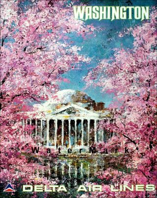 Washington Dc 1970 Cherry Blossoms Vintage Poster Print Delta Air Travel Art