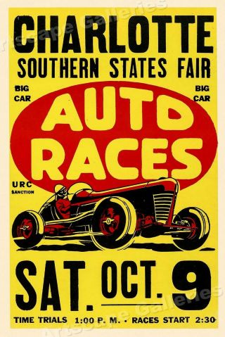 1950s Automotive Poster - Charlotte Auto Races Vintage Style Poster - 20x30