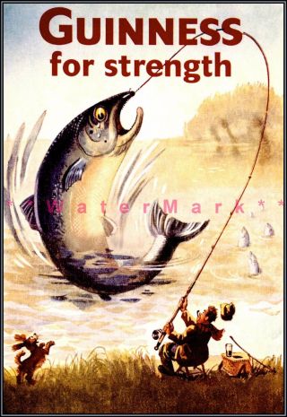 Fishing Fisherman Guinness For Strength Vintage Poster Print Classic Beer Ad