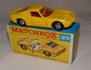 60s.  Matchbox.  Lesney.  33 Lamborghini Miura.  Yellow.  Chrome Wheels,  In Scarce Box