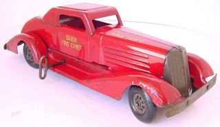 1930s Marx Toys Pressed Steel Wind Up 14.  5 " Red Siren Fire Dept.  Chief Car