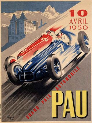 Vintage 1950 Pau Grand Prix Auto Racing Poster Print 24x18 9 Mil Paper