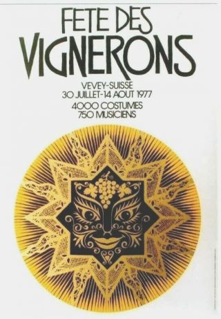 Vintage Poster Vevey Famous Wine Festival Golden Sun 1977