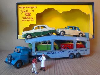 Dinky Toys By Meccano Bedford Transporter,  Cars: Ford Rover Austin,  Box,  Figures