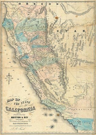 1853 California Gold Rush Map Geological Survey Mining Fields Mines Wall Poster