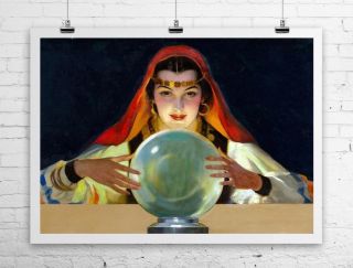 Mysterious Fortune Teller With Crystal Ball Rolled Canvas Giclee Print 32x24 In.