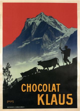 Chocolate Klaus 1910 Vintage Swiss Chocolate Poster Canvas Giclee 24x32 In.