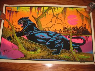 Vintage 1973 Velva Print Black Light Poster Jungle Cat,  Velvet