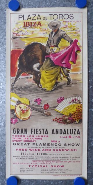 Toros Vintage Spanish Bullfighting Poster Lithograph 1969 Ibiza Fiesta Andaluza