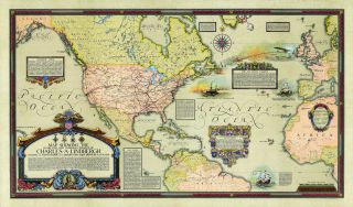 Overland And Overseas Flights Of Charles A.  Lindbergh Vintage Historic Wall Map