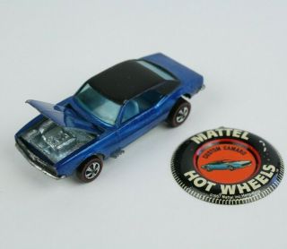 1967 Mattel Hot Wheels Redline Blue Custom Camaro W/ Badge Button Ships Next Day