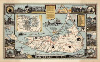 Vintage Historical Pictorial Map Nantucket Island Genealogy Wall Art Poster