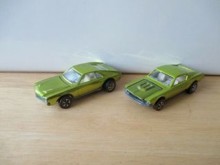 (2) 1968 Hot Wheels Red Line Custom Amx & Custom Mustang Light Green Antifreeze