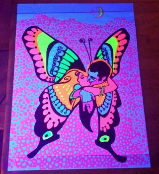 Nos Vintage Blacklight Poster Love Is A Butterfly 1971 Hip Productions