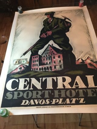 ca.  1905 SWISS HOTEL TRAVEL POSTER Davos Ice Axe Mountaineering 3