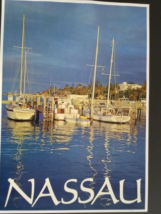 1960s Nassau Bahamas Travel Poster Boat Harbor Vintage 60s Sailboat