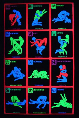 Vintage Zodiac Sex Position Blacklight Poster Screen Print From The 1970 