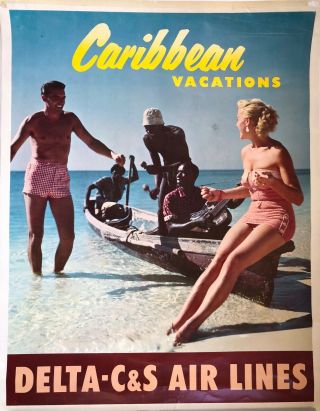 Vintage Delta - C&s Air Lines Travel Poster Caribbean Beach Boat Island Style