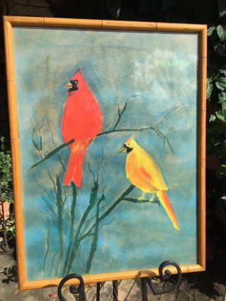 Vintage Pastel Chalk Painting Of Cardinals Birds Bamboo Tree Frame Art