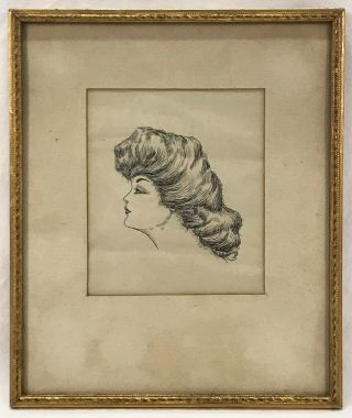 Antique Gibson Girl Pen & Ink Drawing Signed Gold Frame 9 X 11 Opening (1)