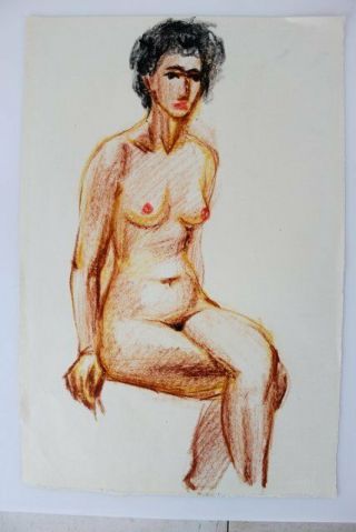 Vintage Mid Century Nude Female Portrait Figure Colored Graphite Sketch