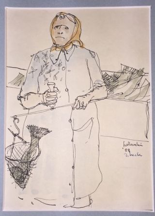 George Heck Pen & Ink Signed 1954 Helsinki Sketch Fish Woman Scale