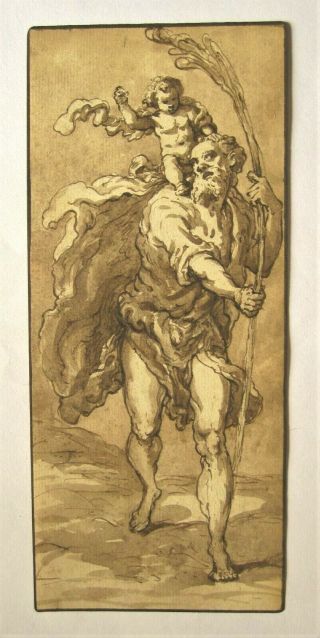 Old Master Italian School.  A Fine Study In Ink & Wash Of St Christopher.