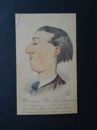 French School 19thc - Caricatured Portrait Young Man Sign.  Bataille - Watercolor