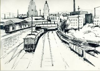 Pen And Ink Drawing,  Modernist 1950s,  Cincinnati,  Train,  Robert C.  Smith