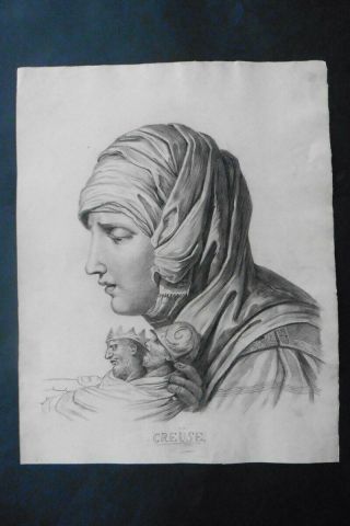 French School Ca.  1820 - Portrait Mythological Figure - Charcoal Drawing