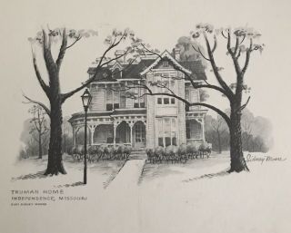 Sidney Moore Truman Home Independence Missouri Pencil Sketch Art Signed 1973 5