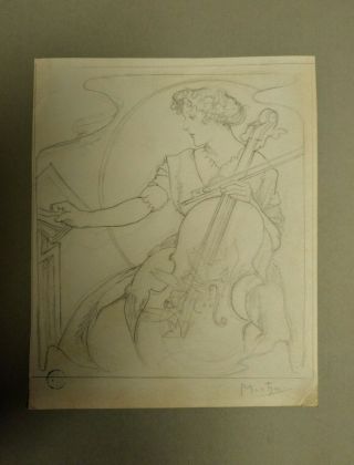 Alphonse Mucha Art Nouveau Drawing Signed