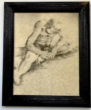 Depressed Male Nude Sketch - Print - Vintage Wood Frame - Charcoal Sketch Drawing