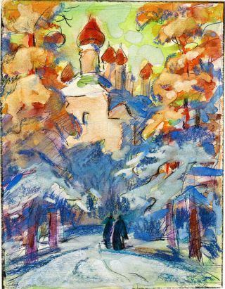 Monks On A Road To Church Watercolor And Ink Drawing By Russian Artist