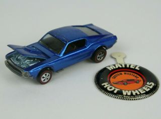 1968 Mattel Hot Wheels Redline Blue Custom Mustang W/ Badge Button Shps Next Day